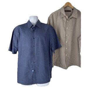 Perry Ellis Button Up Shirt Men XXL Blue Tan Striped Short Sleeve Lot of 2